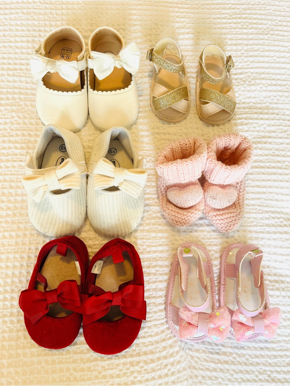 6 pairs of Baby Girls White and Pink Bow Shoes - Classic Infant Footwear